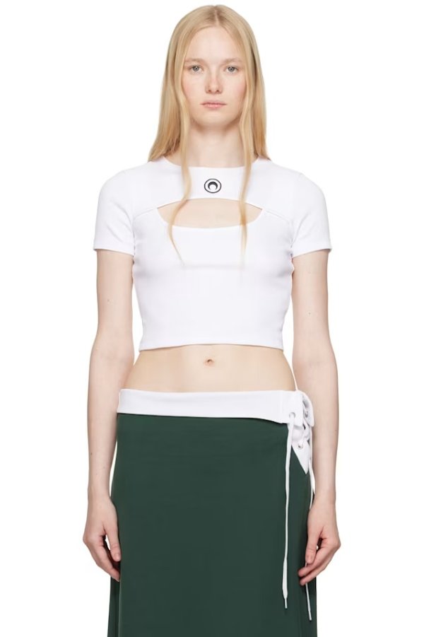 白色 Moon Logo Ribbed Jersey Cut-Out T 恤