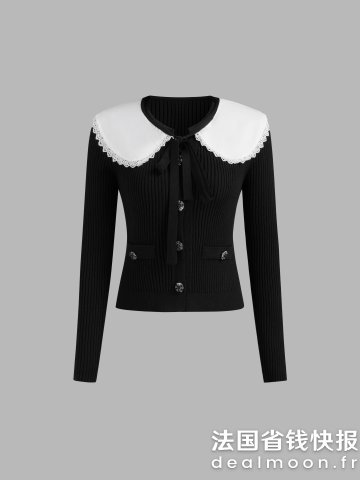 针织翻领蕾丝开衫