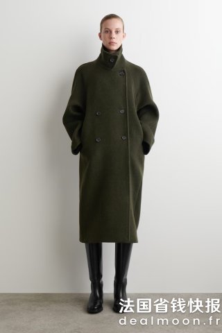 COS深绿色 包好看的羊毛双排扣长款大衣