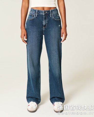 Hollister高腰破洞直筒牛仔裤