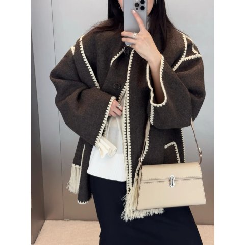 Toteme深咖色也好好看 流苏长袖围巾外套