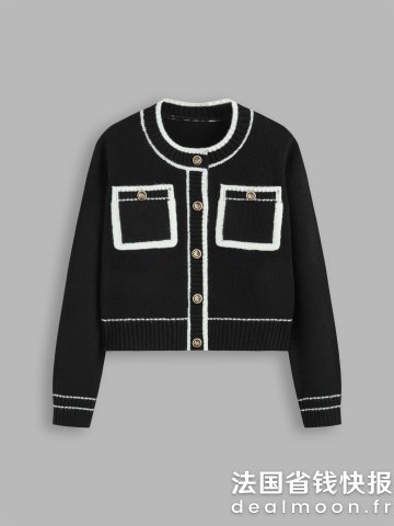 撞色圆领针织开衫