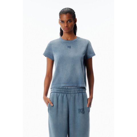 蓝色缩皮信棉T恤 带标志