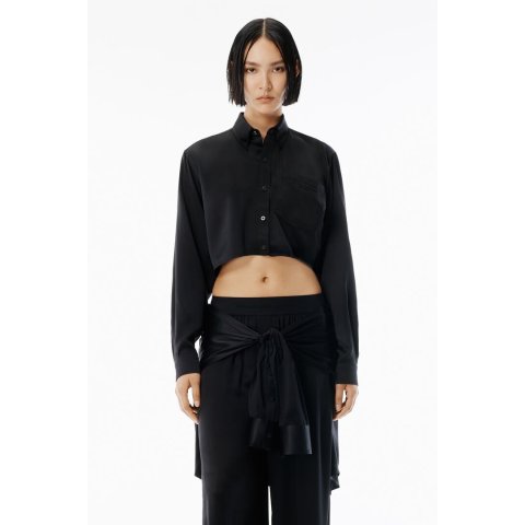 黑色真丝缎短款衬衫