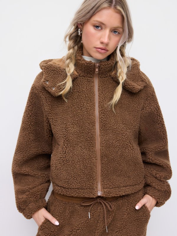 抓绒连帽拉链宽松夹克