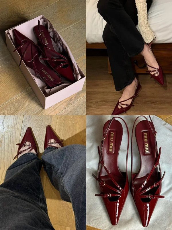 酒红色漆皮扣带高跟鞋