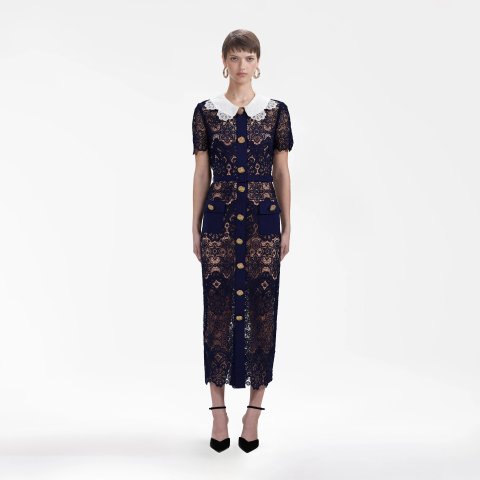 海军蓝花卉Guipure中长连衣裙