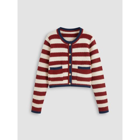 条纹圆领针织短款开衫