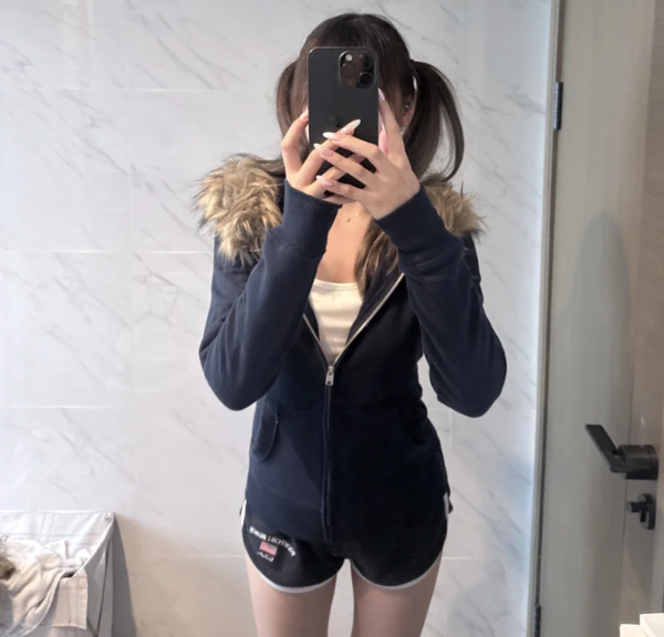 仿毛皮拉链连帽卫衣