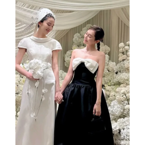 黑色塔夫绸蝴蝶结中长裙