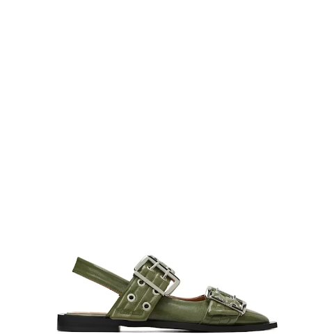 卡其色女款扣带芭蕾平底鞋