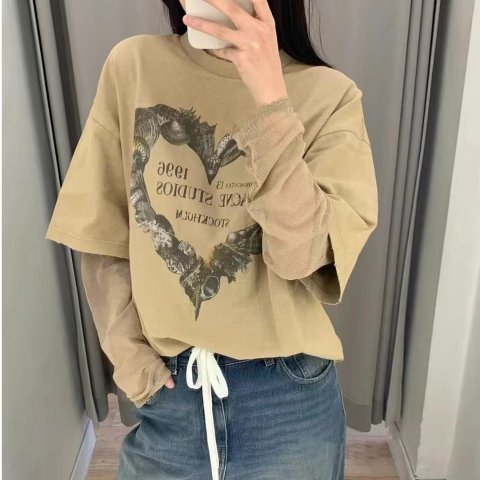 驼色 Layered Print T 恤