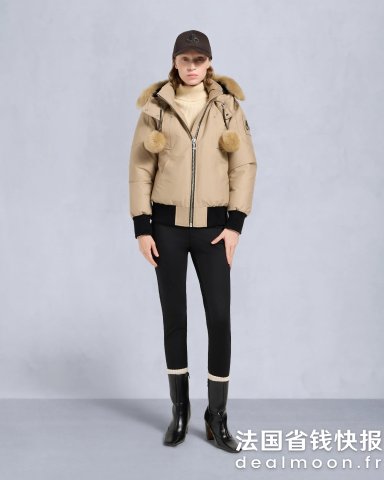 Moose Knuckles奶茶色毛球 好看鼠啦ORIGINAL DEBBIE 飞行夹克 羊羔绒饰边