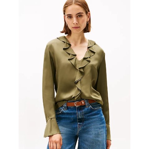 金色钮扣缎面荷叶边衬衫