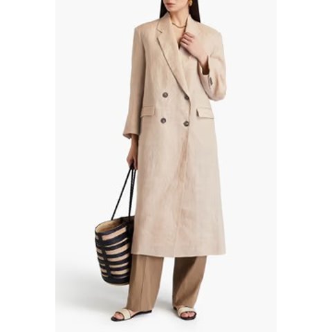 Brunello Cucinelli贵价大衣版型就是好！！穿10年都不过时亚麻双排扣珠饰外套