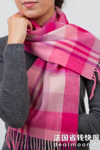 格纹羊毛围巾 亮粉色