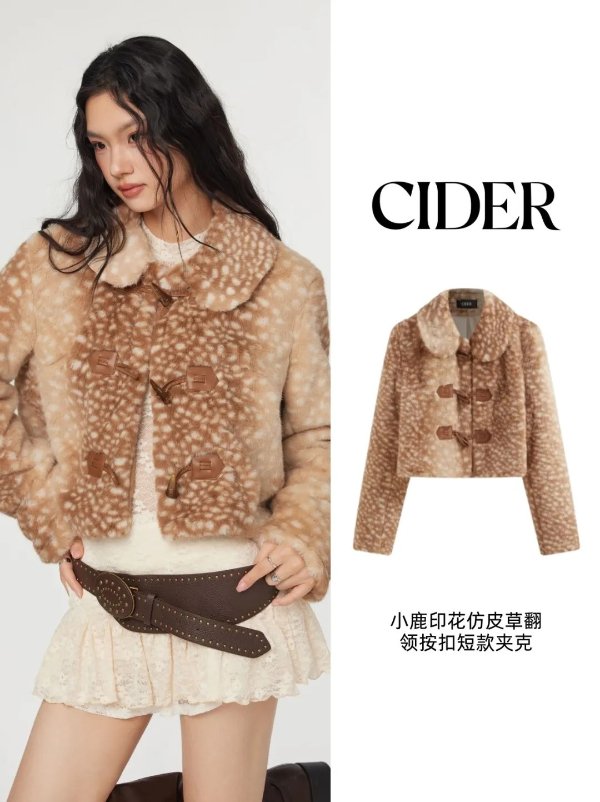 鹿纹仿皮草短外套 木扣