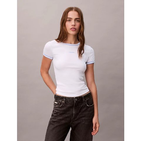Calvin Klein拼色边罗纹LOGO图案短袖上衣