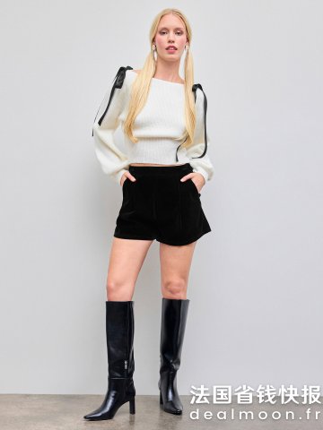 针织船领蝴蝶结短款宽松毛衣