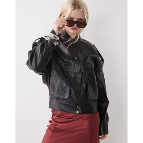  Madame黑色仿皮飞行夹克