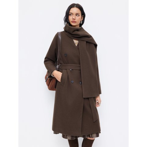 羊毛感V领双排扣长款大衣配腰带围巾