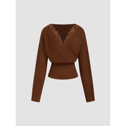 V领蕾丝长袖针织上衣