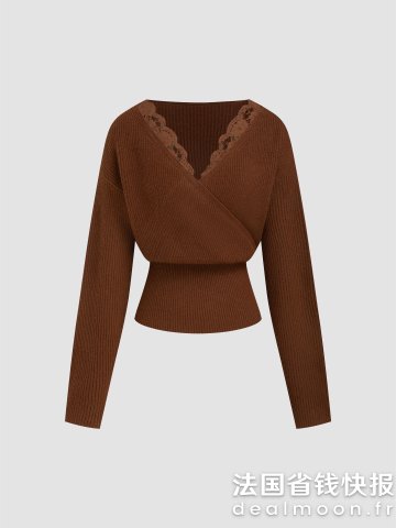 V领蕾丝长袖针织上衣