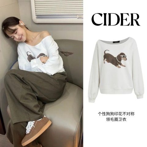 Terry 不对称领狗图案卫衣