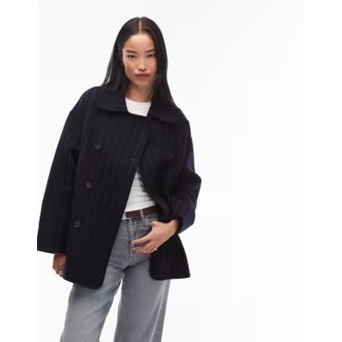  羊毛短款双排扣外套 海军蓝