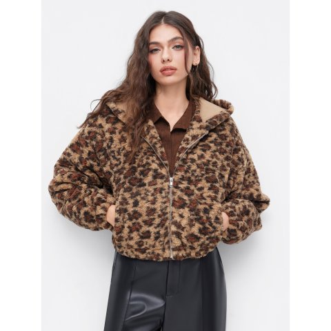 豹纹拉链短款连帽外套