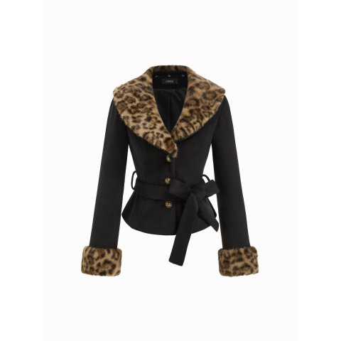 仿毛豹纹毛领收腰外套
