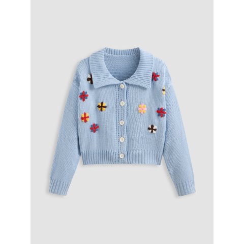 花卉针织翻领开衫