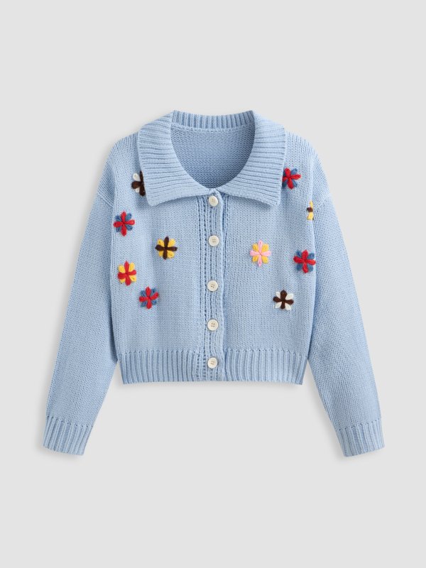 花卉针织翻领开衫