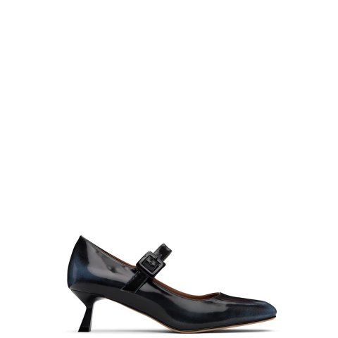 蓝色黑色方头中跟鞋