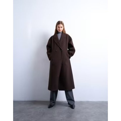  长款大翻领西装外套 巧克力色