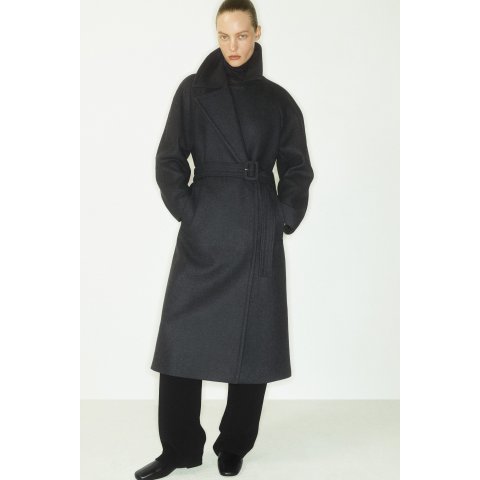 羊毛斜纹腰带大衣