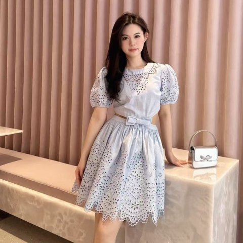 Self-Portrait蝴蝶结刺绣镂空连衣裙