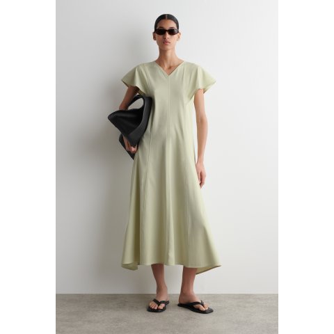 棉质中长连衣裙 花瓣袖