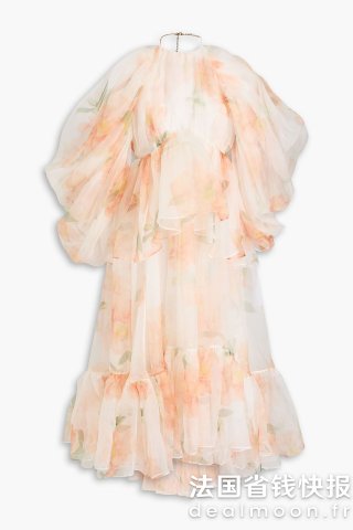 Zimmermann荷叶边印花真丝露肩长裙