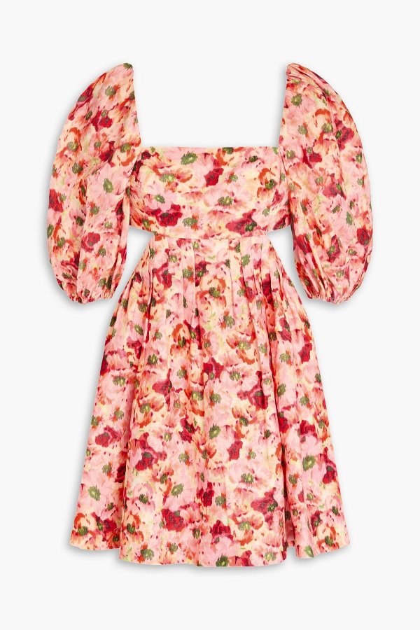 镂空花卉印花亚麻连衣裙 短款