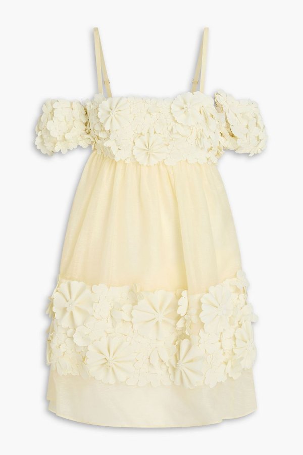 露肩花饰丝麻连衣裙