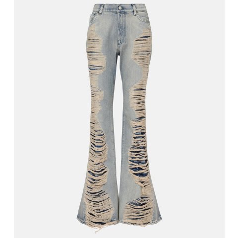 高腰做旧喇叭牛仔裤