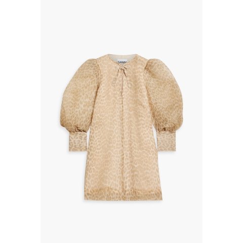 豹纹褶皱欧根纱迷你连衣裙