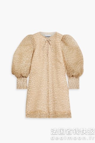 Ganni豹纹褶皱欧根纱迷你连衣裙