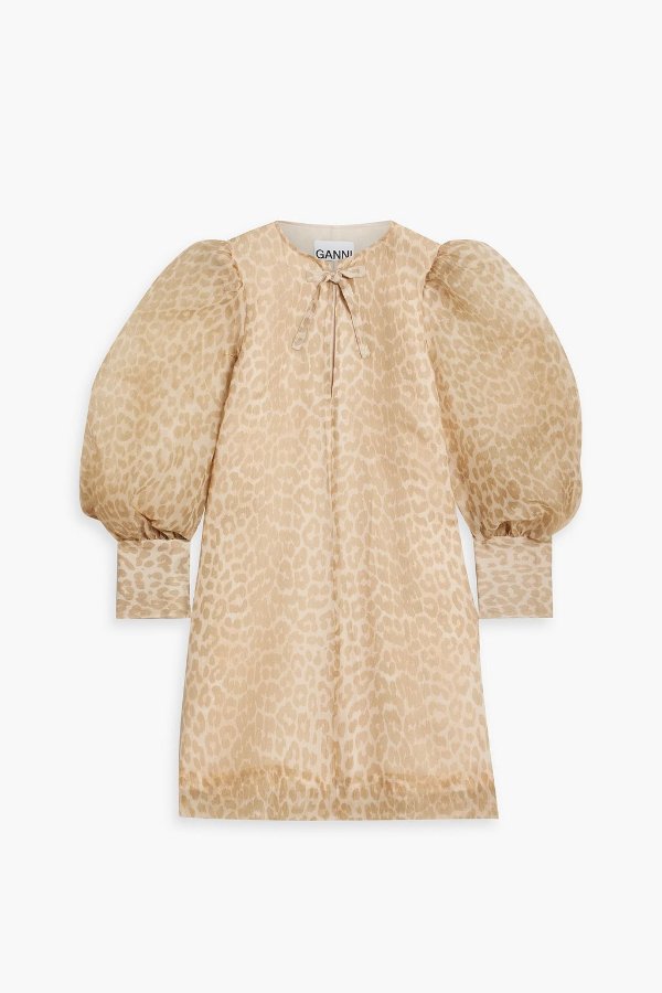 豹纹褶皱欧根纱迷你连衣裙