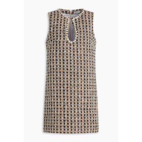 金属感水晶装饰粗花呢连衣裙