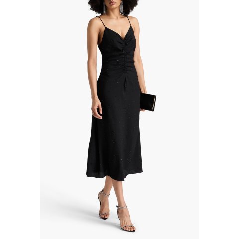 皱褶水钻中长连衣裙