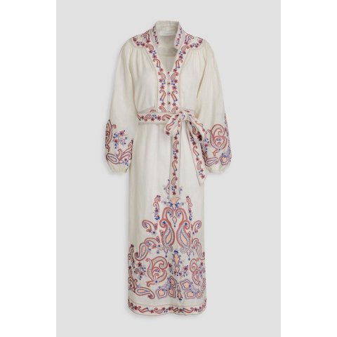 佩斯利亚麻中长连衣裙