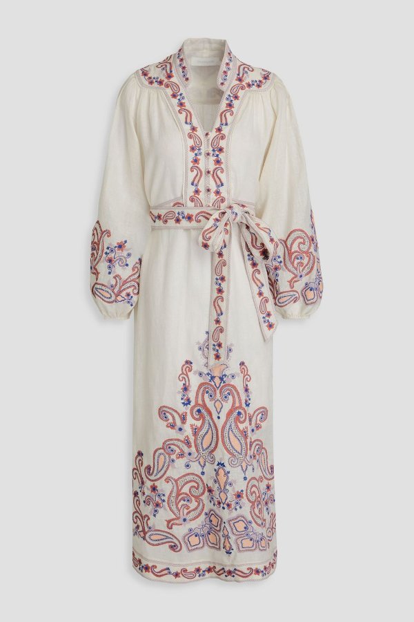 佩斯利亚麻中长连衣裙