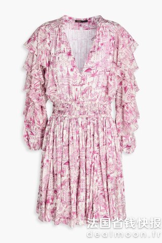Maje荷叶边印花雪纺连衣裙